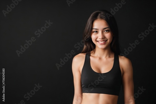 Young fitness woman standing against a black background with copy space.