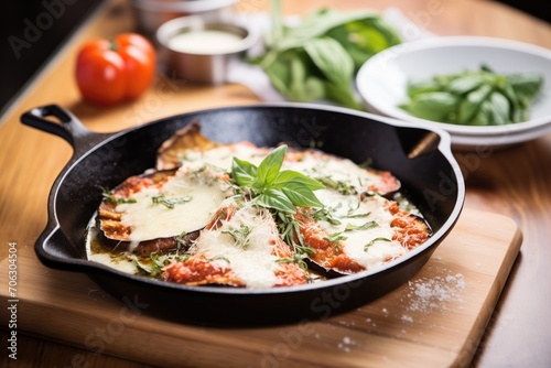 fresh eggplant parmesan with melted cheese and herbs in skillet