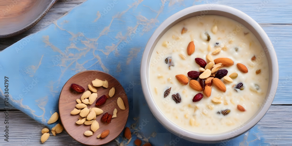 Kheer: Rice cooked with milk and dry fruits on the wooden table top view with copy space