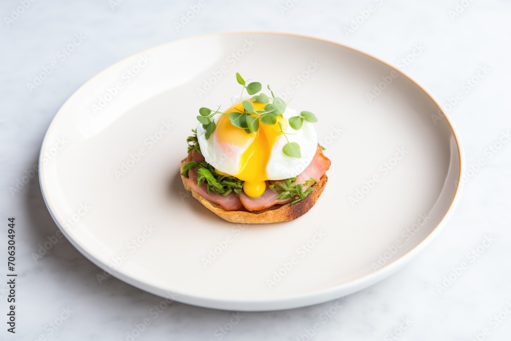 a single egg benedict in the center of a round white plate with parsley