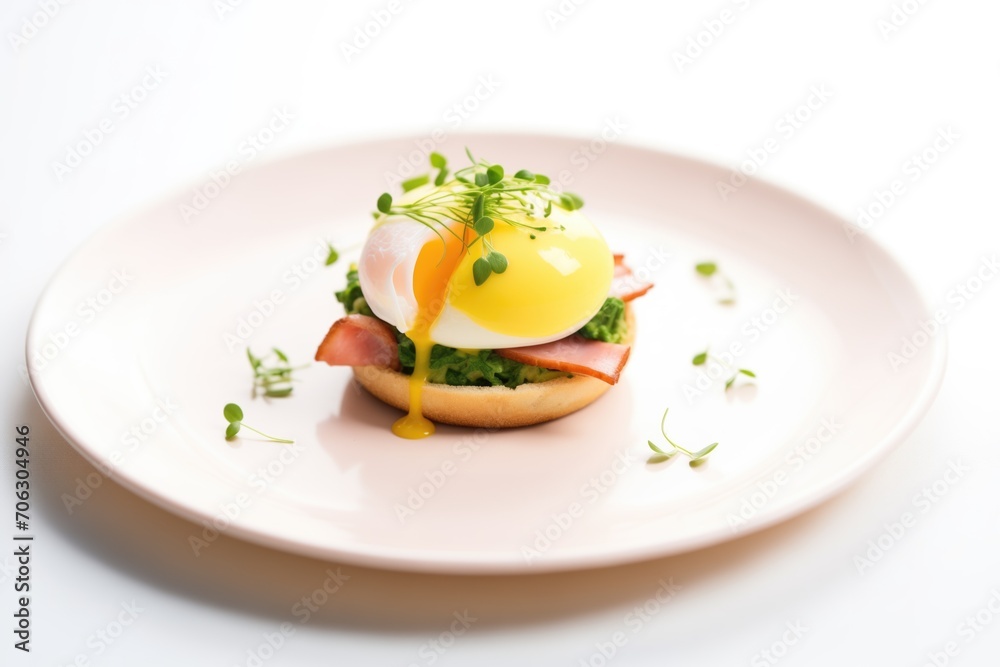 a single egg benedict in the center of a round white plate with parsley a single egg benedict in the center of a round white plate with parsley