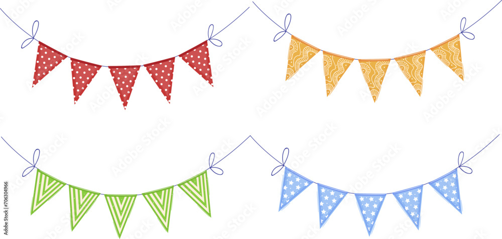 Colorful festive bunting flags with polka dots and patterns. Celebration garland decoration vector illustration. Party decor, joyful event banner design, festive atmosphere vector illustration. - obrazy, fototapety, plakaty 