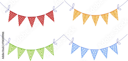 Colorful festive bunting flags with polka dots and patterns. Celebration garland decoration vector illustration. Party decor, joyful event banner design, festive atmosphere vector illustration.