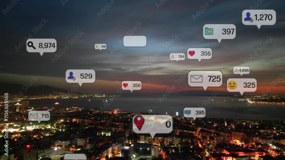 Social media icons fly over city downtown showing people engagement connection through social network application platform . Concept for online community and social media marketing strategy . High