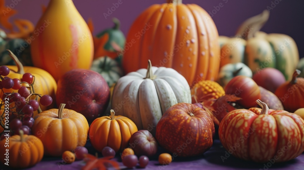 A table filled with a variety of pumpkins. Perfect for autumn and Halloween-themed designs