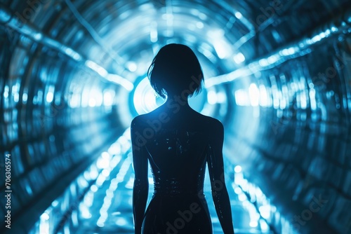 A woman standing in a tunnel wearing a black dress. Perfect for fashion or urban-themed projects