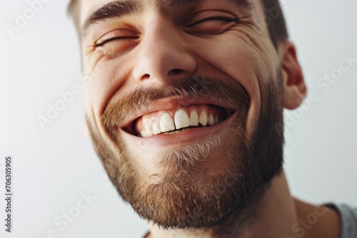 A close-up shot capturing the genuine smile of a man with a beard. This image can be used to convey happiness, positivity, and friendliness