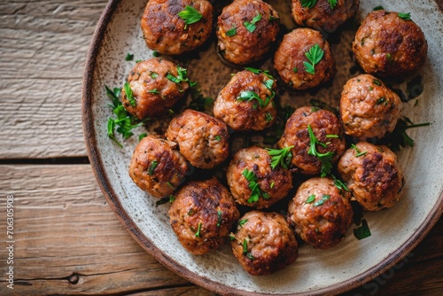 Plate of meatballs on a rustic wooden table. Perfect for food and cooking themes
