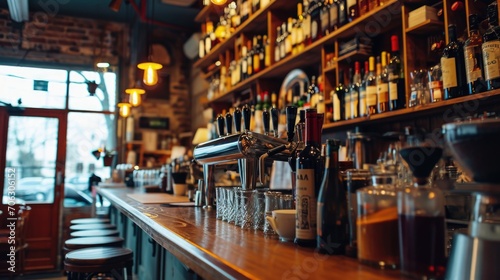 A bar filled with a variety of bottles and glasses. This image can be used to depict a busy bar scene or to illustrate the concept of nightlife and socializing