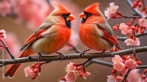 two red birds are sitting on a branch with blossoms