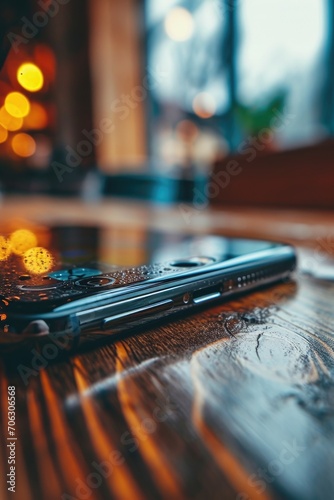A cell phone is placed on top of a wooden table. This image can be used to depict technology, communication, or workplace concepts © Fotograf