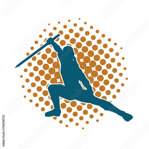 Silhouette of a male warrior in action pose with sword weapon. Silhouette of a man fighter carrying sword weapon.