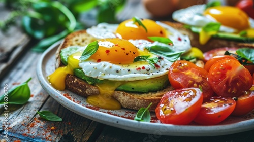 Fresh and healthy plate of food with a combination of tomatoes  avocado  and eggs. Perfect for a nutritious meal or a delicious breakfast option.