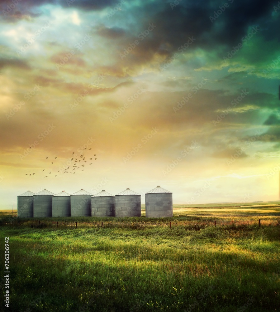 Prairie grain silos in late summer Prairie grain silos in late summer