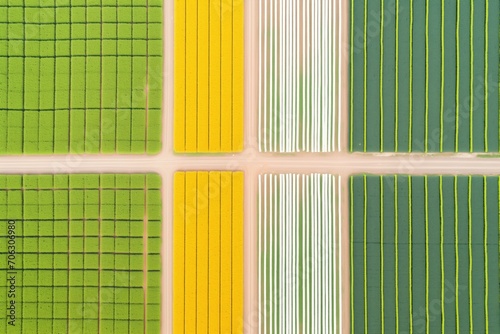 overhead view of a crop field with row patterns