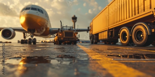 An airplane is parked on the tarmac next to a truck. Suitable for transportation, aviation, or logistics themes photo