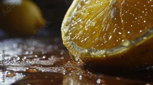 A close up shot of a slice of lemon resting on a table. This image can be used to add a refreshing touch to food and beverage-related designs