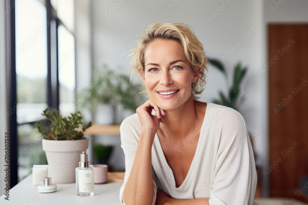 Portrait of a middle-aged Caucasian woman with beautiful healthy facial skin in an apartment interior Portrait of a middle-aged Caucasian woman with beautiful healthy facial skin in an apartment interior