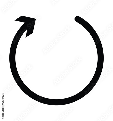Circle arrow right. Radial arrow icon, symbol. Clockwise rotate, twirl, twist concept element. Spin, vortex pointer. Whirlpool, loop cursor shape on white background.