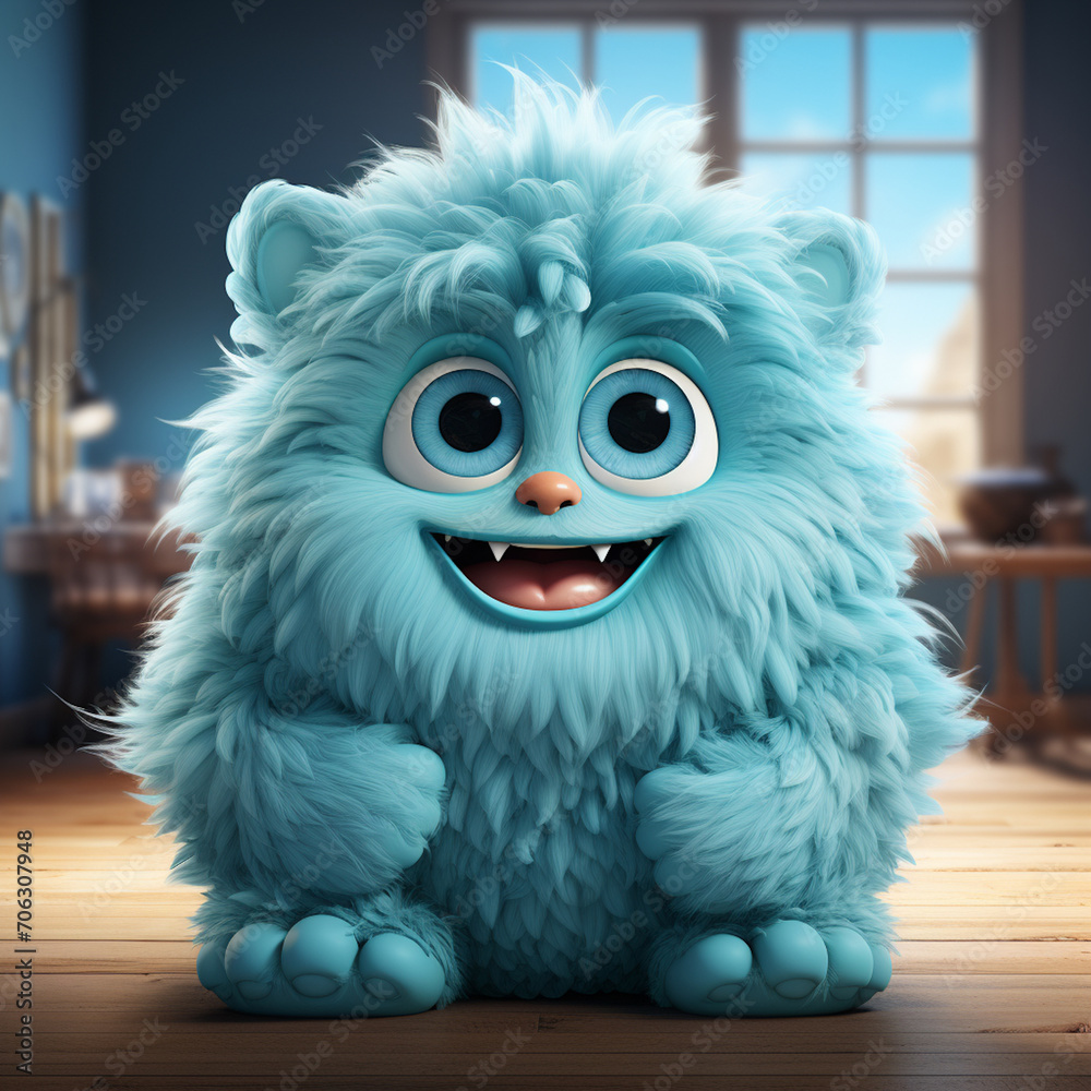 Cute blue fluffy monster 3D cartoon character