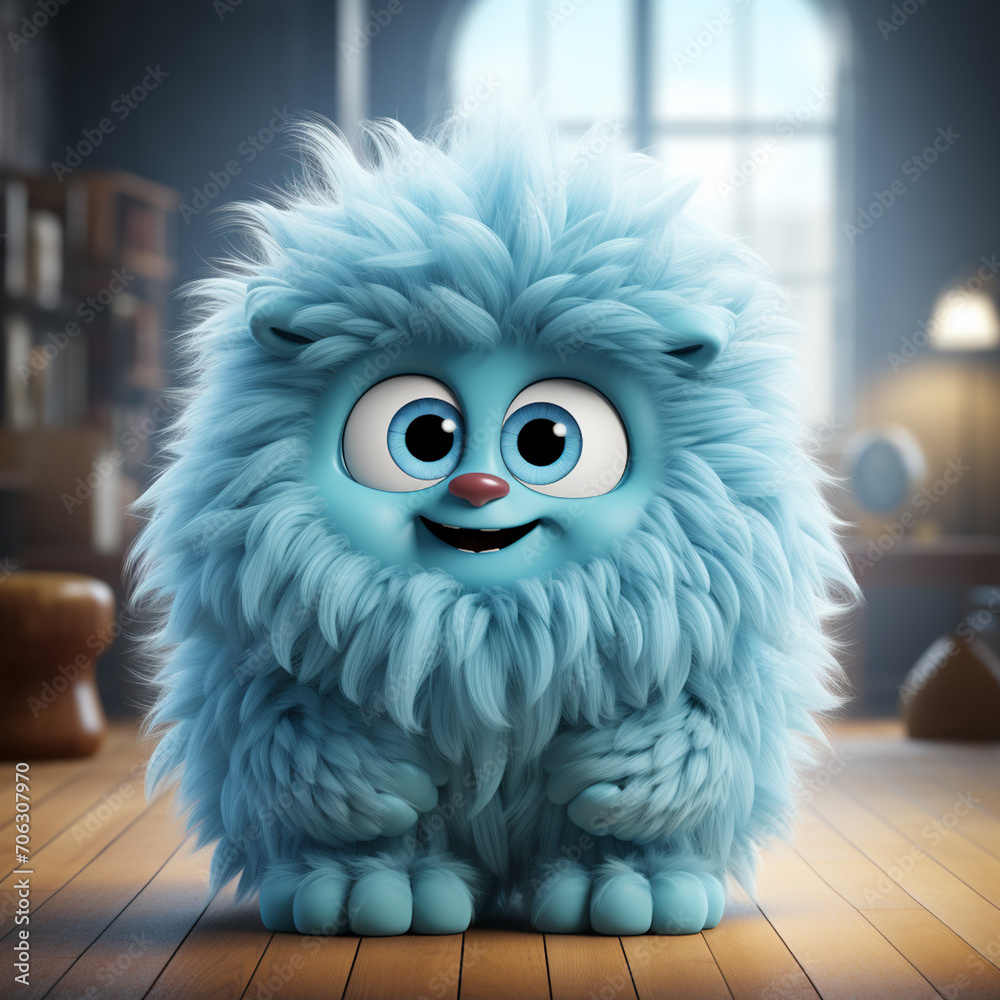 Cute blue fluffy monster 3D cartoon character Cute blue fluffy monster 3D cartoon character