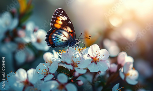 A delicate butterfly perches on white spring blossoms against a soft-focus background, with warm sunlight filtering through, evoking a tranquil and harmonious nature scene © Bartek