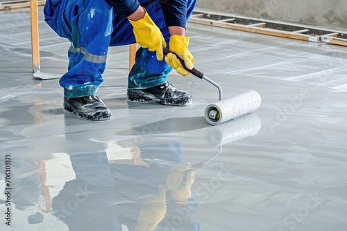 A worker applies a glossy epoxy coating to a concrete floor with a roller, providing a smooth and durable finish in a well-lit industrial environment.