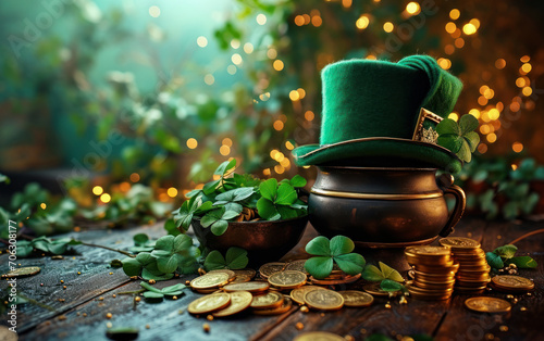 St Patrick's Day celebration still life with a vibrant green leprechaun hat, pot of gold, shamrocks, and golden coins, symbolizing luck and Irish tradition