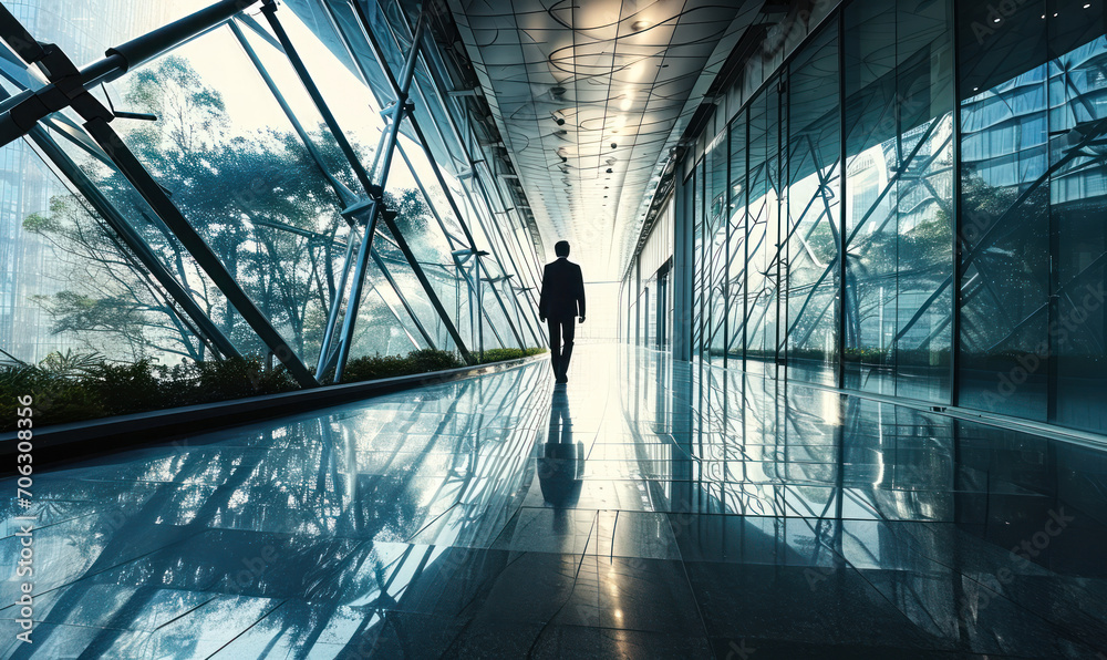 Silhouette of a solitary businessman walking through a modern glass corridor in a corporate building, symbolizing corporate progress and future opportunities - obrazy, fototapety, plakaty 