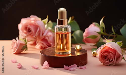 Elegant rose essential oil in amber glass dropper bottle on wooden block, surrounded by soft pink rose petals and leaves on a pastel background