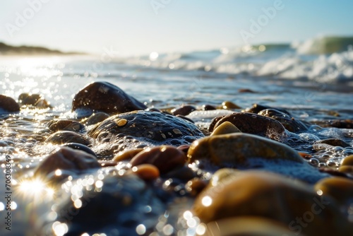 Close up view of rocks and water on a beautiful beach. Perfect for travel or nature-related projects