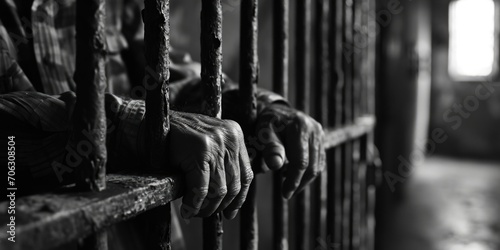 Close up of a person's hands gripping the bars of a jail cell. Can be used to depict imprisonment, confinement, or the justice system photo