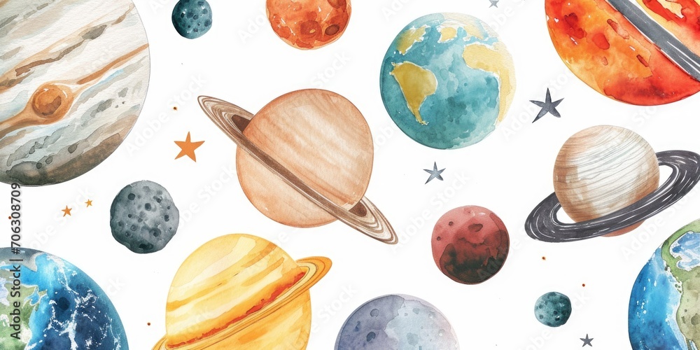 Colorful watercolor paintings of planets on a white background. This image can be used for educational materials, science-related projects, or as decorative artwork