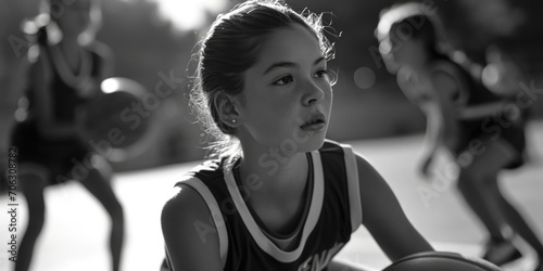 A woman is seen holding a basketball in this black and white photo. This image can be used for sports-related designs or to depict a strong and confident female athlete