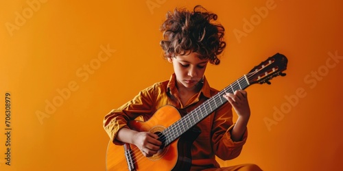 A woman sitting on a stool playing a guitar. Suitable for music-related projects photo