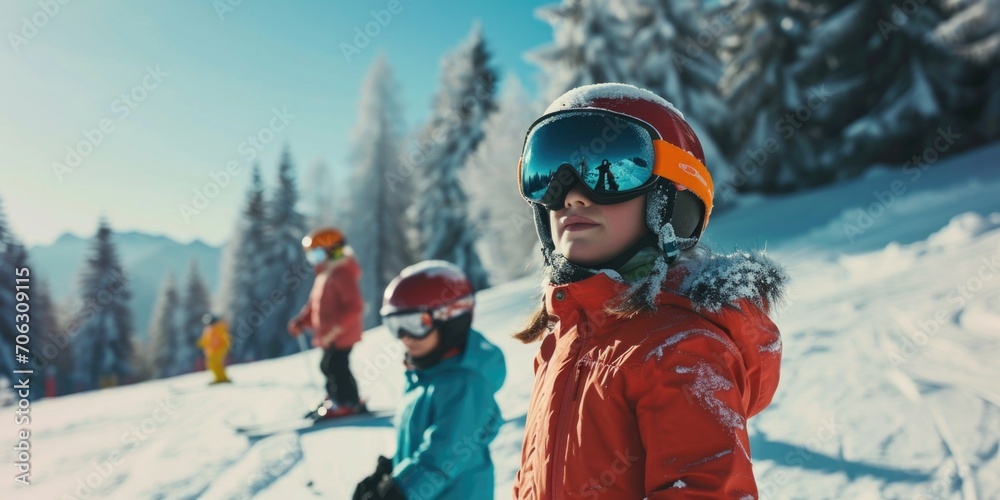 A group of people riding skis down a snow covered slope. Suitable for winter sports or outdoor activities