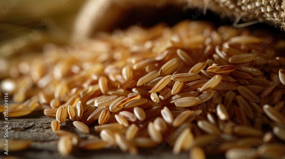 Obraz premium A pile of brown rice sitting on top of a wooden table. Perfect for food and nutrition-related designs