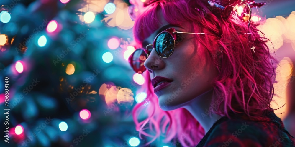 A woman with vibrant pink hair and stylish sunglasses standing in front of a beautifully decorated Christmas tree. Perfect for holiday-themed designs and festive promotions