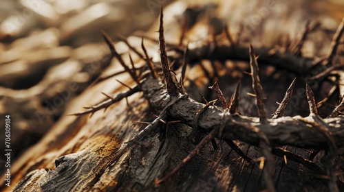 Close up of a crown of thorns on a piece of wood. Suitable for religious or spiritual themes