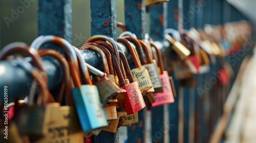 A collection of padlocks attached to a fence. This image can be used to symbolize love, commitment, or security