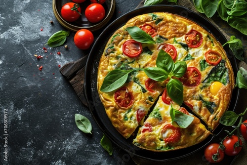 A delicious omelet made with fresh tomatoes, spinach, and basil. Perfect for a healthy breakfast or brunch option.