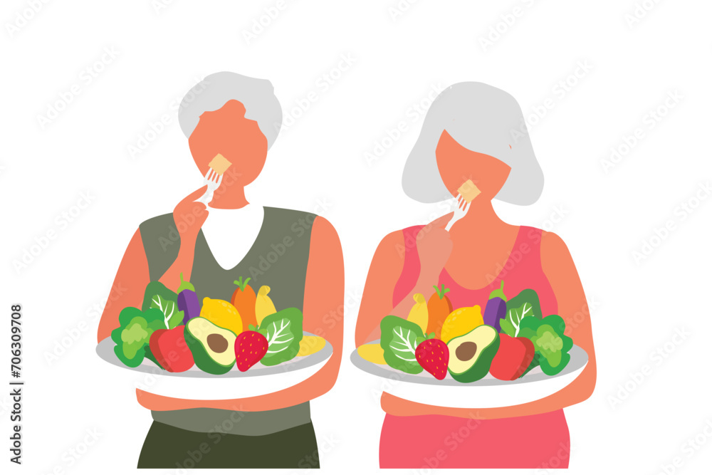 Healthy food for elderly couple concept, old man and woman eating healthy food, elderly care and healthy aging vector illustration Healthy food for elderly couple concept, old man and woman eating healthy food, elderly care and healthy aging vector illustration