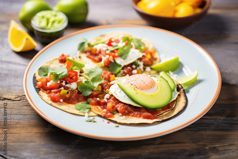 huevos rancheros with a whole avocado and lime wedges huevos rancheros with a whole avocado and lime wedges