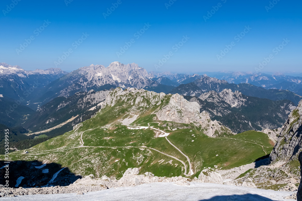 Scenic view of high alpine Mangart road (Mangartska cesta) seen from Mangart Saddle (Mangartsko sedlo) in untamed Julian Alps, border Slovenia Italy, Europe. Hiking wanderlust in Friuli Venezia Giulia