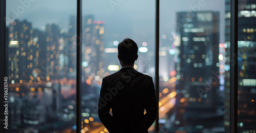 Rear view of successful businessman looking the city in office