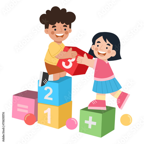 Illustration of children playing with number blocks