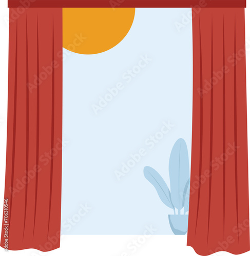 Red curtains open to sunny day clear sky window view. Bright daylight window scene, peaceful morning sunshine vector illustration.