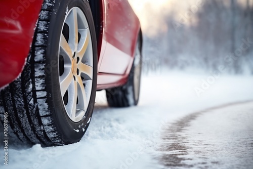 a red car wheel close-up on the background of a winter snow-covered road with ice, the concept of traffic safety on a slippery road