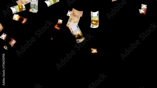 Euro banknotes fallen from the sky then got on fire burning until disappear for money loss concept photo