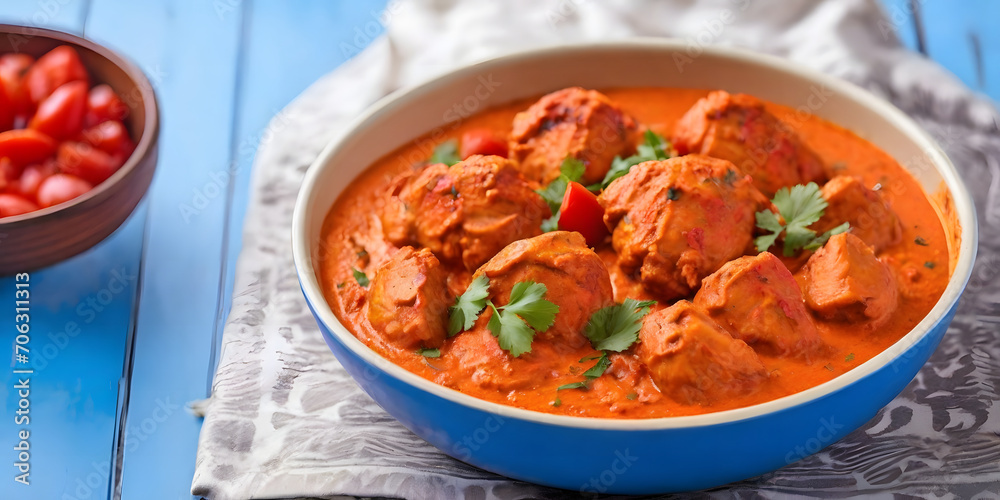 Chicken Tikka masala: Chicken marinated in a Yogurt tomato sauce. It is known to have a creamy texture on the wooden table 